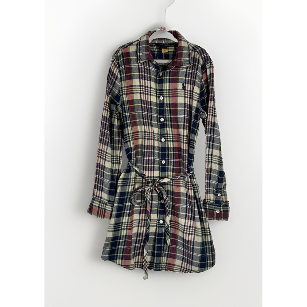 Polo Ralph Lauren Girls Shirt Dress Size 7 Madras Plaid Waist Tie Long Sleeves